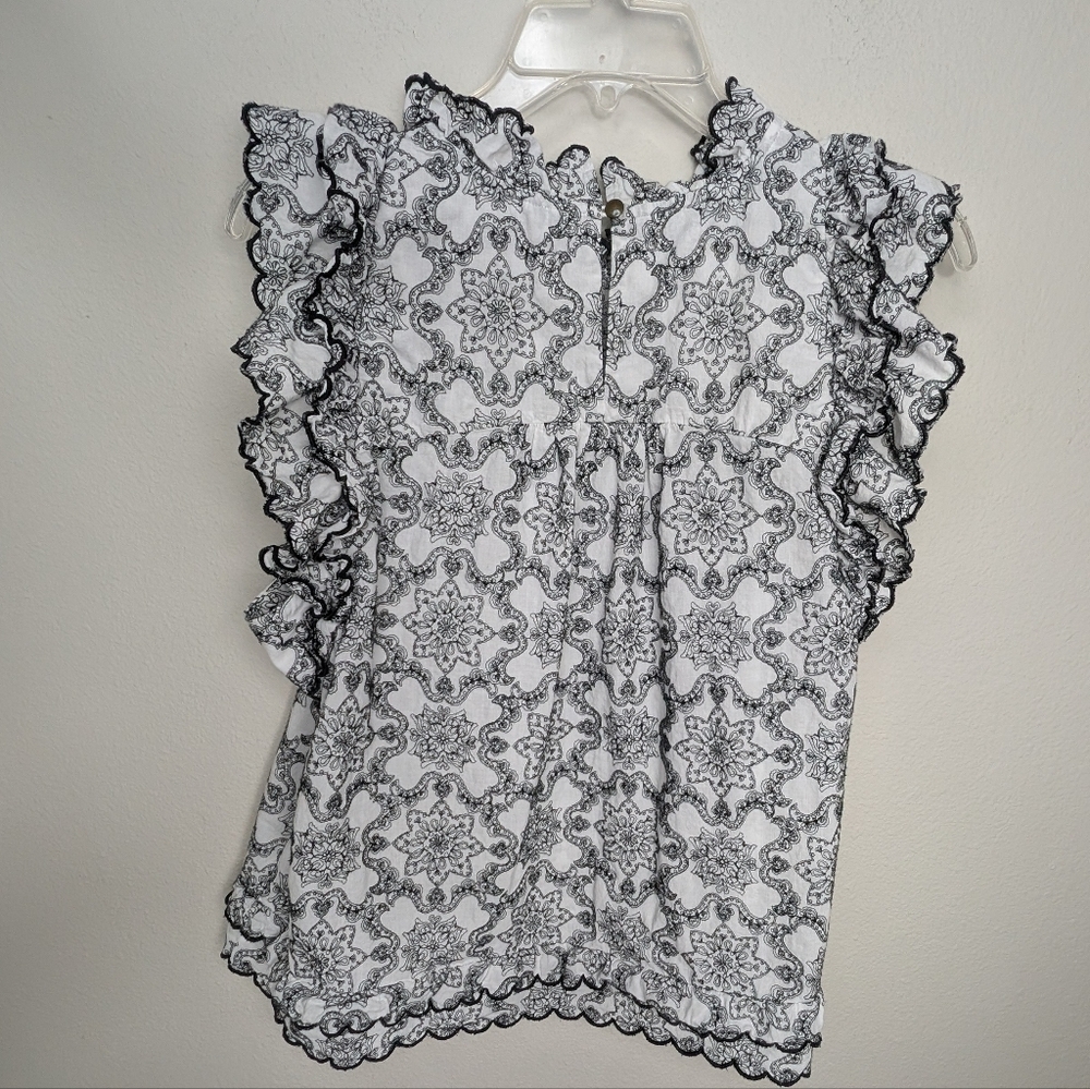 Anthroplogie Ruffled Lace Blouse Women's L Black White Shirt Top - Picture 3 of 16